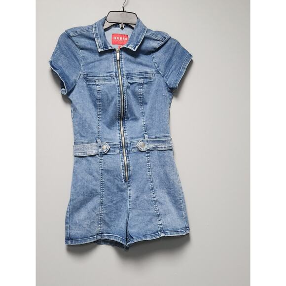 Guess Denim Jean Short Zip Up Romper Women's Medium with Snap Belt NWOT - Picture 1 of 6